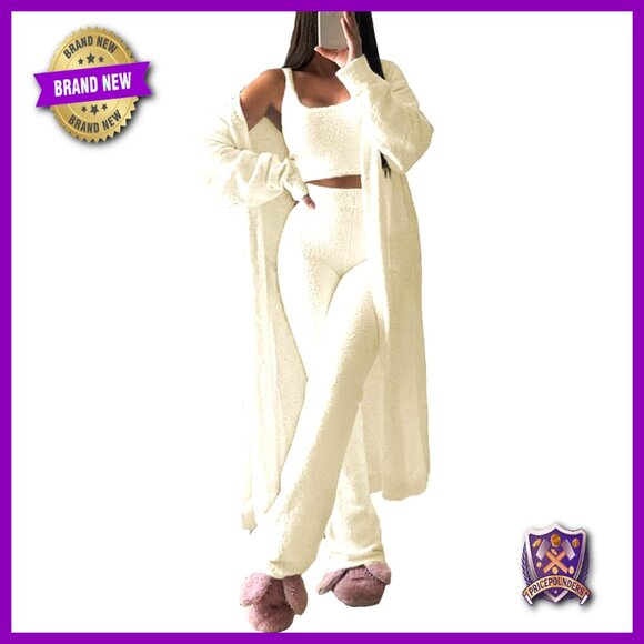 Medium Fuzzy 3-Piece Lounge Set Cardigan Crop Tank Wide Leg Pants